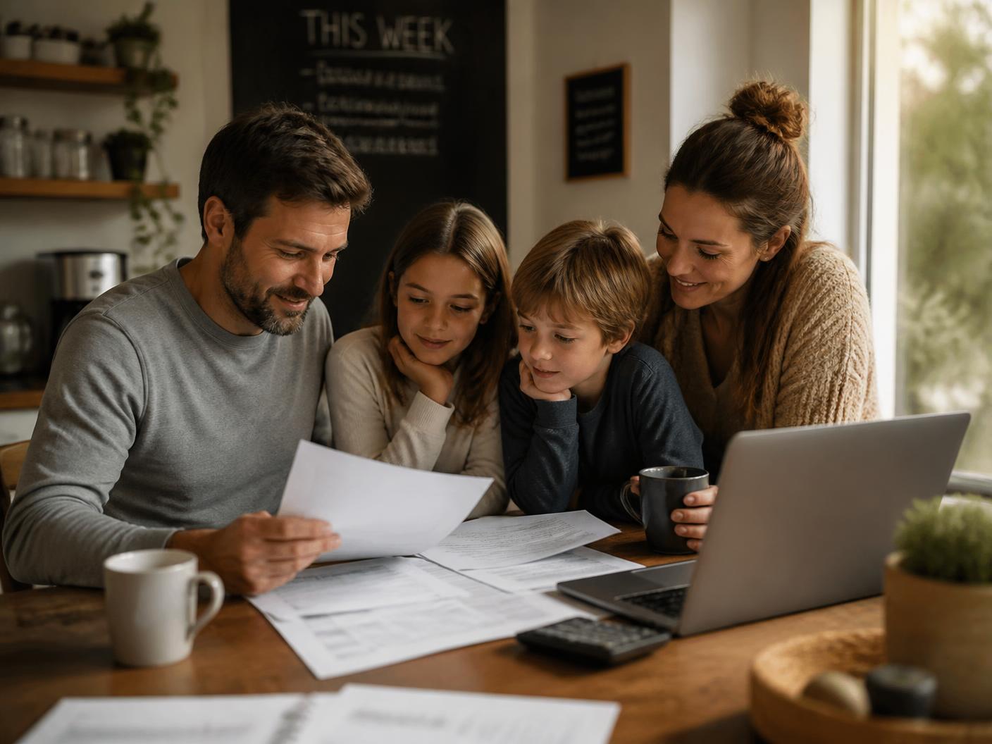 A family reviewing their credit paperwork together at the kitchen table
